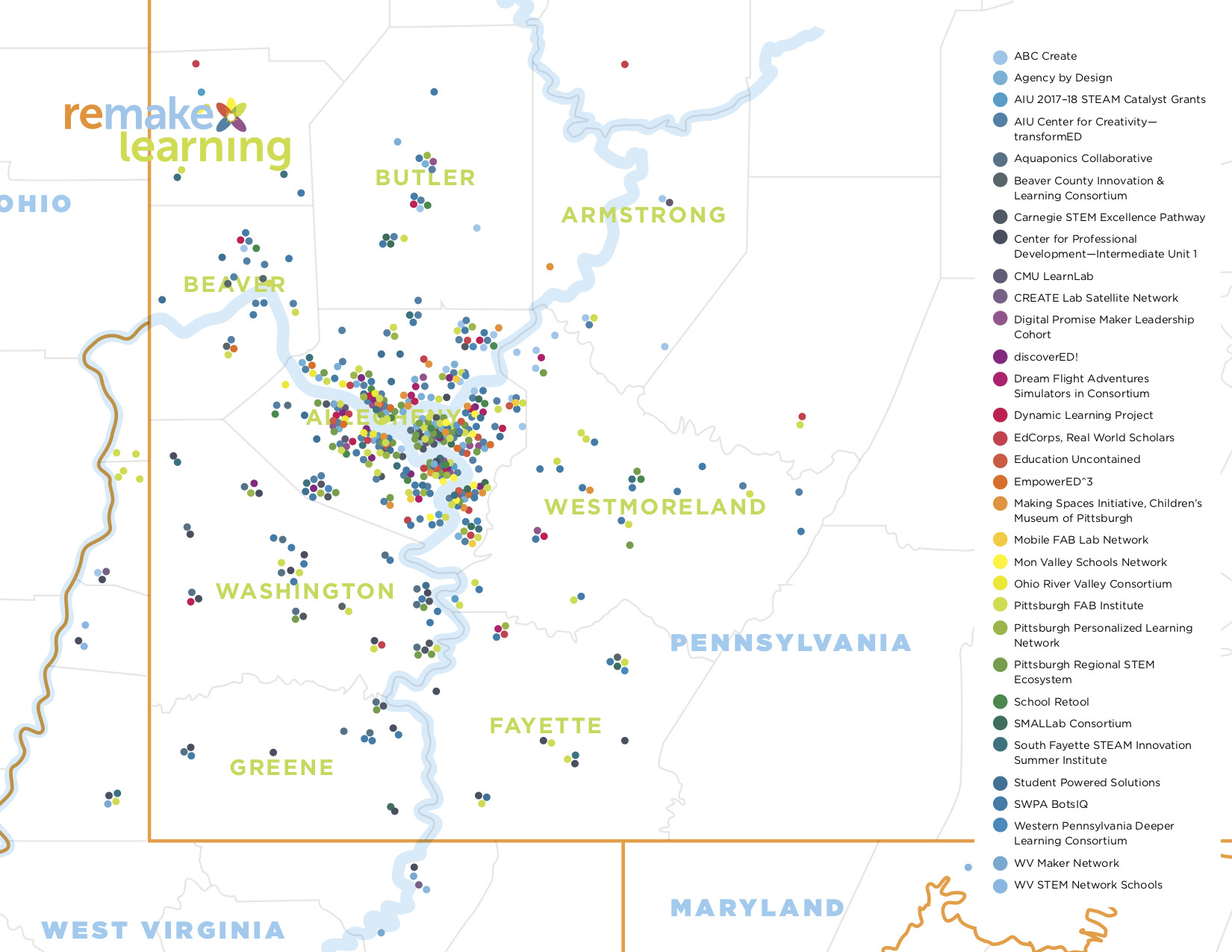 Colorful map of Remake Learning Network