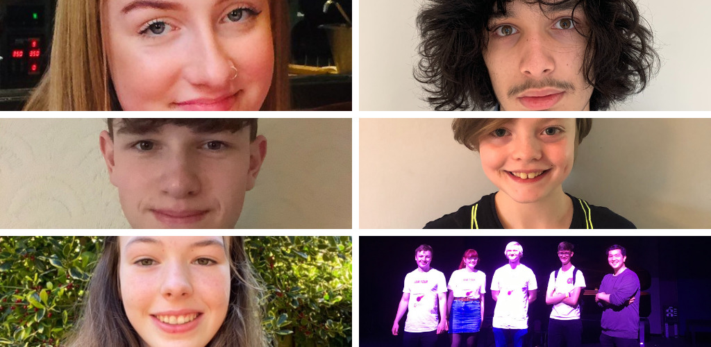 A collage of small photos of 5 individuals and one photo of five people
