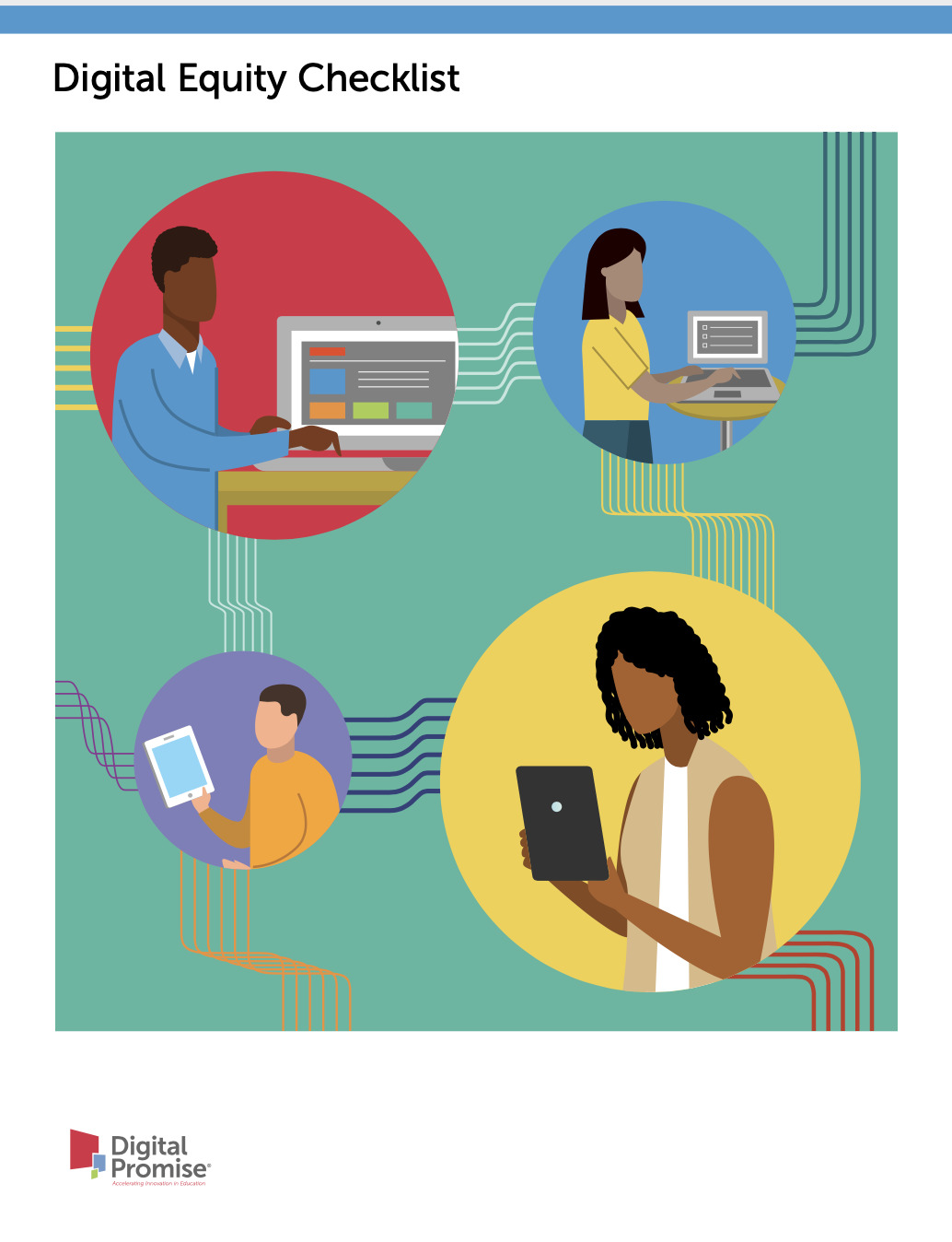 Colorful illustration featuring faceless men and women of color using digital devices
