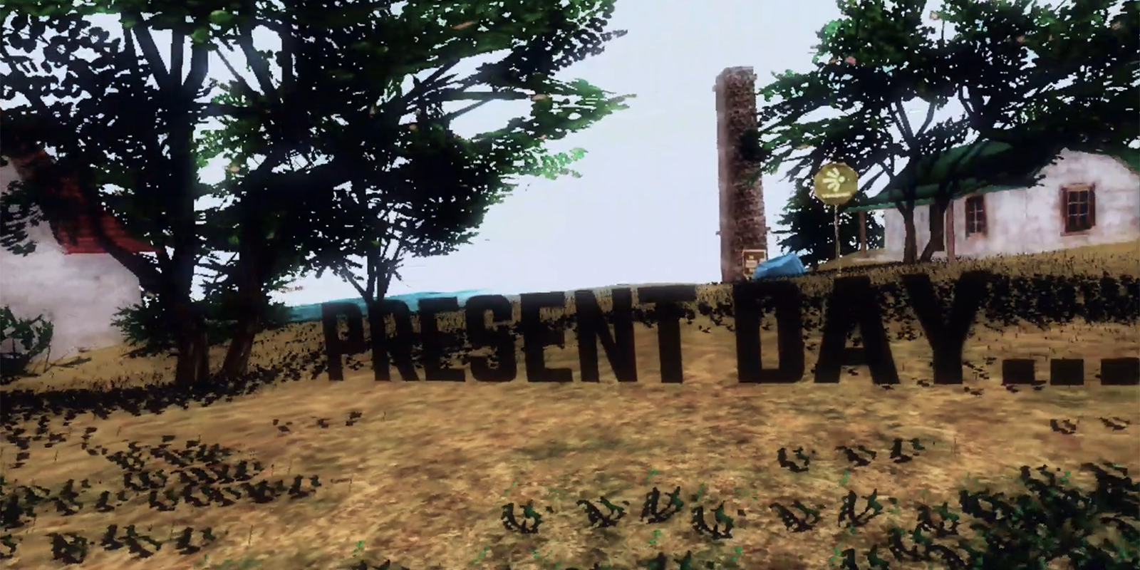 Illustration of field with buildings and words "Present Day" on screen