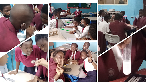 Collage of photos in a classroom with students at desks and holding a test tube.