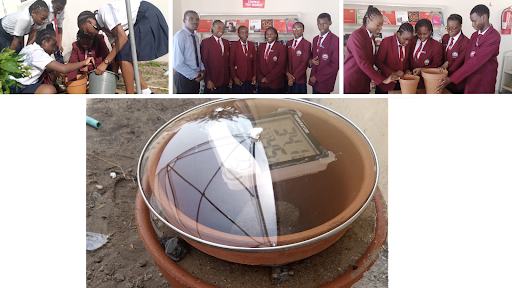 Collage of photos of students gathered around a growing pot and one zoomed in picture of a growing pot with a sensor on it.