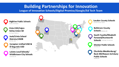 Gray, outlined map of the United States with 10 colorful markers, used to indicate school districts that the Talladega County School team has visited through the League of Innovative Schools.