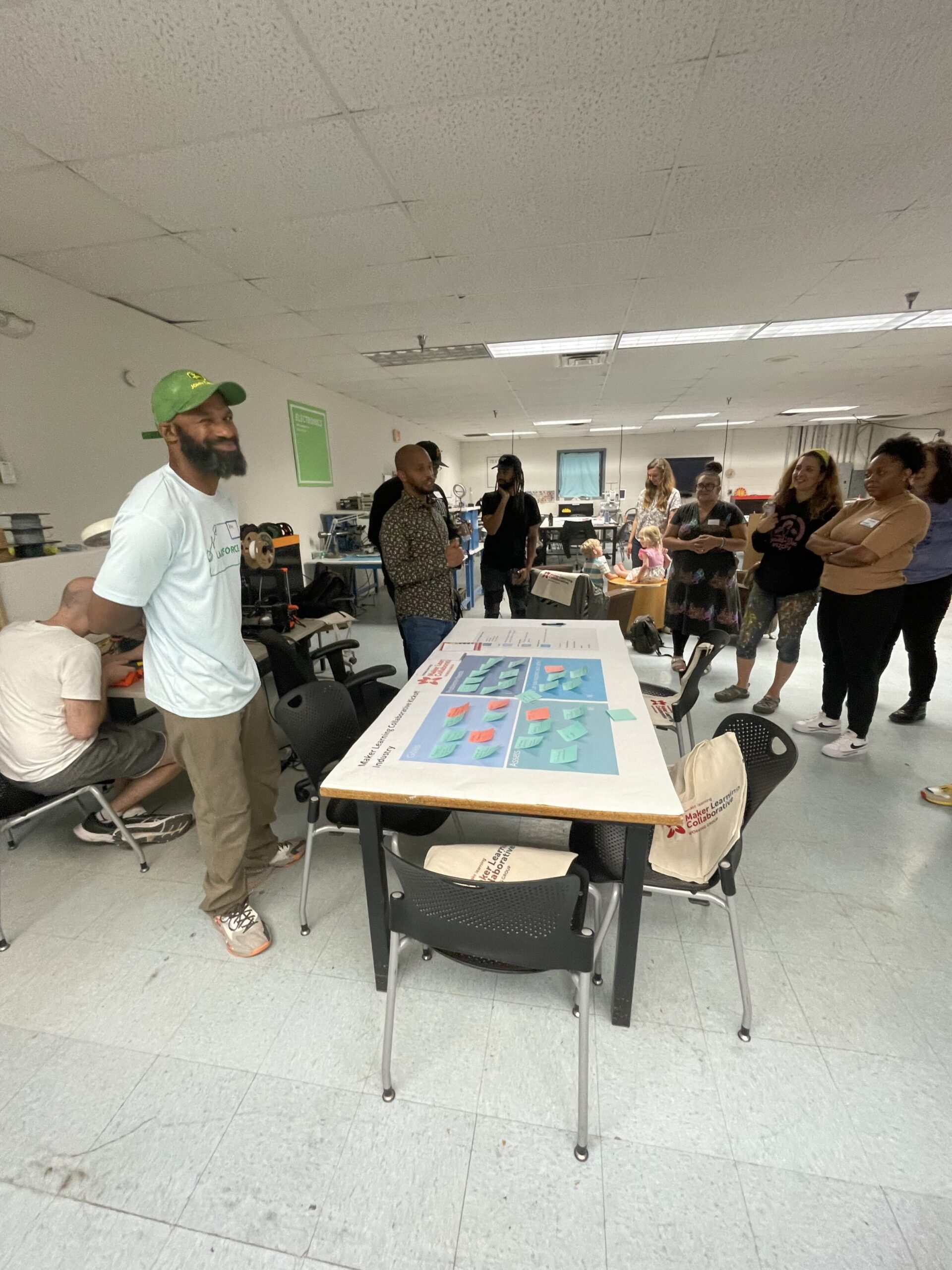 A group of people standing around a table with chairs, discussing a sticky note whiteboard attached to the table. 
