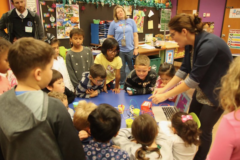 Second graders became the teachers and helped the Leadership Team learn to program motors and sensors to accomplish a task.