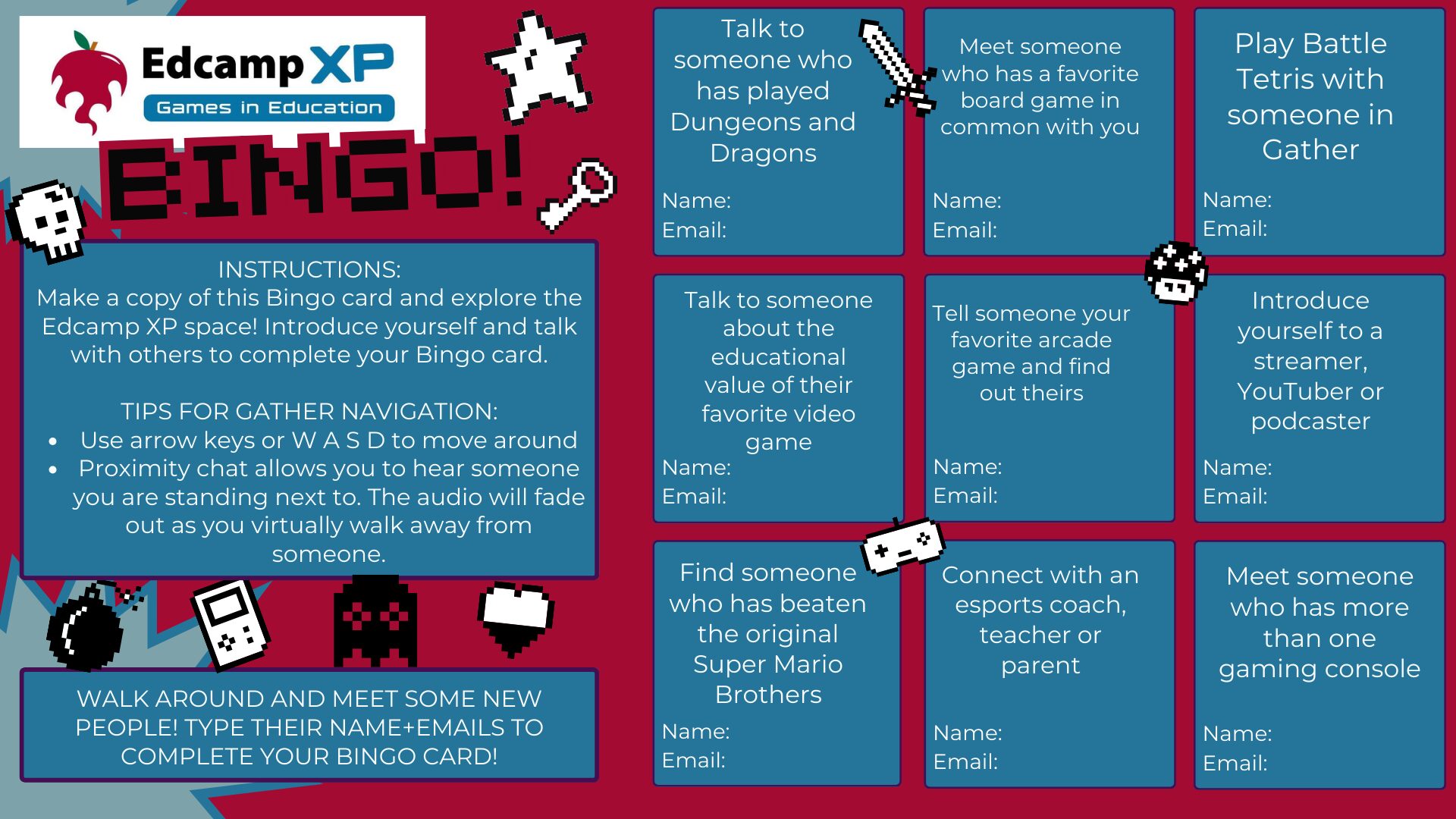 Bingo game card with 8 bit game themed icons and challenges related to networking with Edcamp XP attendees