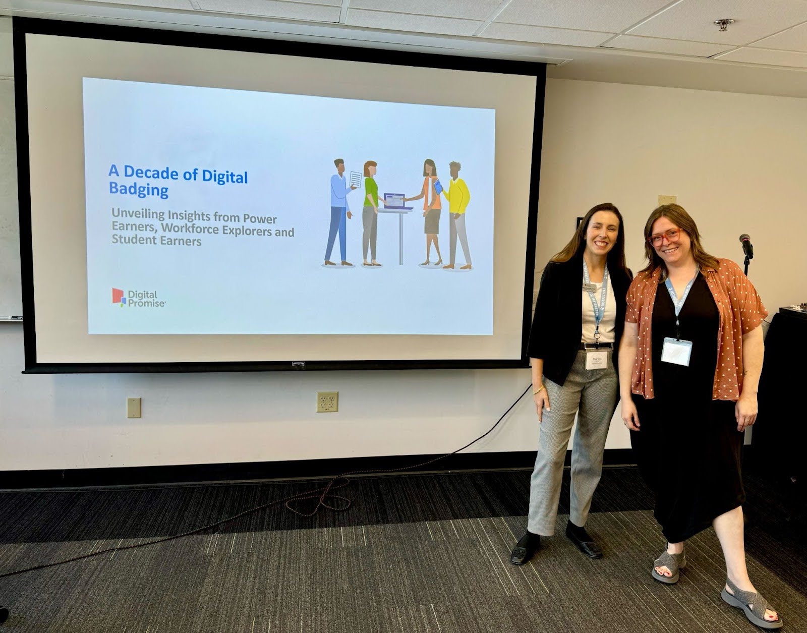 Marilys Galindo and Ashley Miller during their session, “A Decade of Digital Badging: Unveiling Insights from Power Earners, Workforce Explorers, and Student Earners.” 