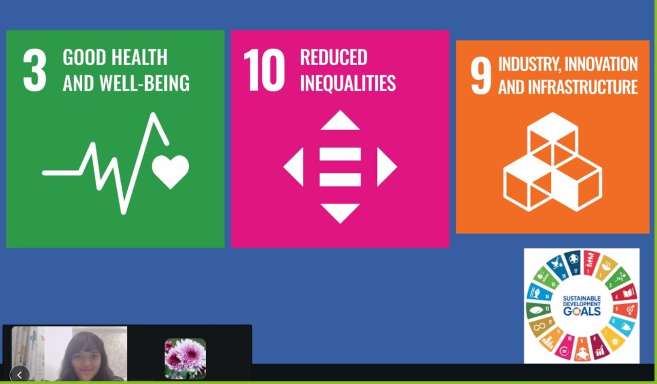 A screenshot of a virtual presentation showing the icons for Sustainable Development Goal 3: Good Health and Well-Being, Goal 10: Reduced Inequalities, and Goal 9: Industry, Innovation and Infrastructure. 