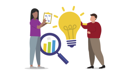 Two illustrated figures with a light bulb, magnifying class looking at a bar graph. One figure holds a clipboard.