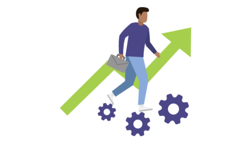 Illustrated figure walks with a briefcase on top of three gears. In the background is a green arrow pointing toward the right and up.